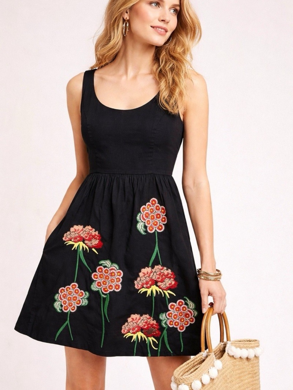 Anthropology- Floreat Black Sleeveless Embroidered Floral Mini Dress